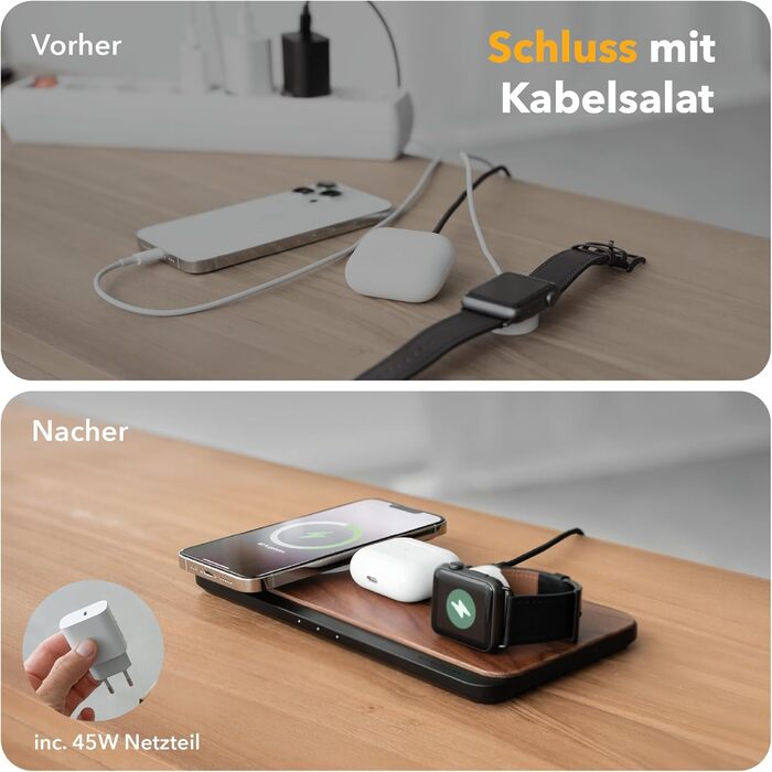 Зарядна станція 3 в 1 Wood Magsafe Charger Індуктивна зарядна станція для iPhone, Apple Watch, Air Pods з адаптером живлення 45W W