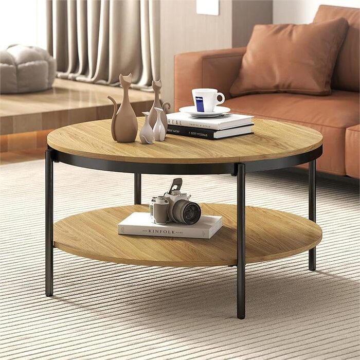 Круглий дерев&39яний журнальний столик Manora, маленький круглий столик для вітальні 80 см, диван-столик з 2 рівнями зберігання, під дуб, металеві ніжки зі сталевим каркасом (світлий дуб), сучасний дуб