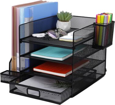 Сітчастий настільний органайзер для документів формату A4, 3 рівні лотків для документів, 1 органайзер для дрібних деталей та 1 тримач для ручок, сітчастий настільний органайзер з відділеннями для зберігання з лотком для документів та офісного приладдя