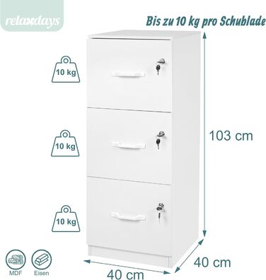 Картотечна шафа Relaxdays для підвісних файлів, 3 шухляди, що замикаються, ВxШxГ 103 x 40 x 40 см, підвісна картотечна шафа, біла
