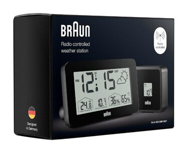 Годинник Braun цифрова метеостанція на радіокеруванні для центральноєвропейського часового поясу (DCF) з індикацією температури в приміщенні і на вулиці, вологості, прогнозом, звуковим сигналом будильника чорного кольору, модель BC13BP-DCF.