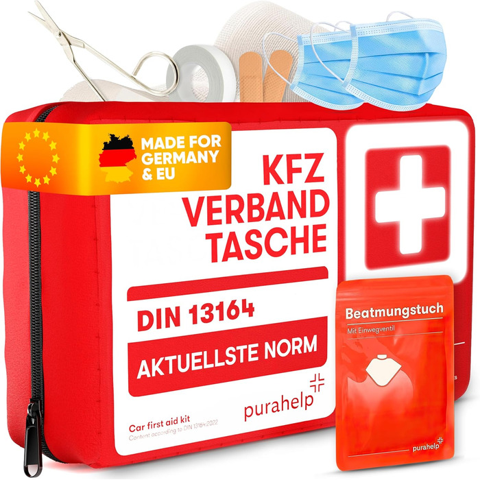 Автомобільна аптечка PURAHELP відповідно до чинного стандарту 2024 DIN 13164 (відповідає StVO) - Вкл. дихальний рушник - Автомобіл