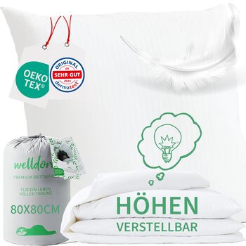 Подушка преміум-класу Welldora 80x80 см, регульована по висоті 100 пухові волокна та пір&39я Ергономічні інновації регулюється від жорсткої до м&39якої Подушка медично протестована, сертифікована Oeko-Tex у Німеччині 80 x 80 см