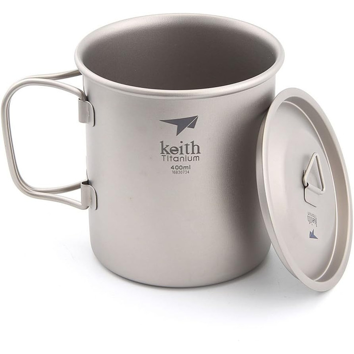 Титанова чашка для пиття Keith Ti3203, зі складними ручками, з одною стінкою, для активного відпочинку, кемпінгу, подорожей, досліджень, портативна, 400 мл