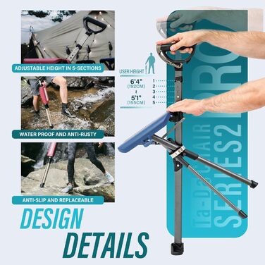 Стілець TA-Da серії 2 PRO - Тростина з сидінням, легка алюмінієва рама та міцний складний стілець (до 136 кг), складна конструкція, ідеально підходить для походів та активного відпочинку, регульована висота, чорний