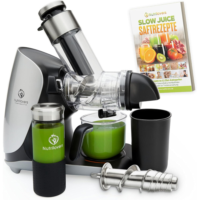 Повільна соковижималка GREEN-PRESS STAINLESS STEEL 304 Гвинт з нержавіючої сталі без BPA I німецький бренд I Переможець тесту соковижималки для цілих фруктів і селери, овочів і фруктів 2023 року Allrounder Електрична соковижималка Silver Knight / Нержавію