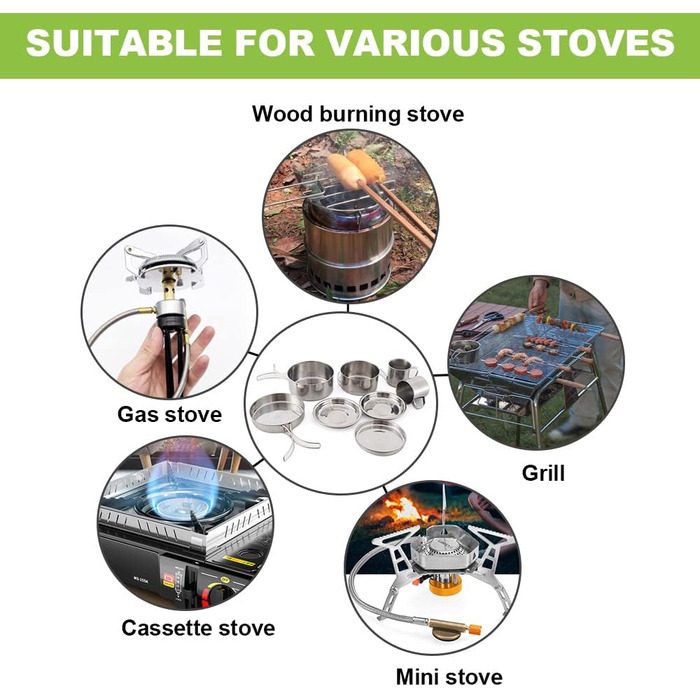 Набір посуду Lixada для кемпінгу, 8 предметів каструлі, сковорода та столові прибори з нержавіючої сталі для пікніків, походів, туризму та відпочинку на природі