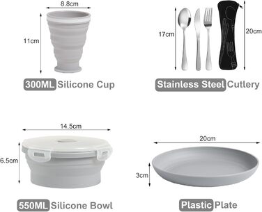 Набір столових приборів для кемпінгу, тарілки, миски, чашки для 2 осіб, складний портативний набір кемпінгових тарілок і мисок, набори кемпінгового посуду для кемпінгу, подорожей та активного відпочинку, сірий, 2 особи