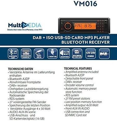 Автомобільна радіостанція Phonocar VM016 1-DIN з 12-24 В - Bluetooth/USB/SD/DAB - Чорний