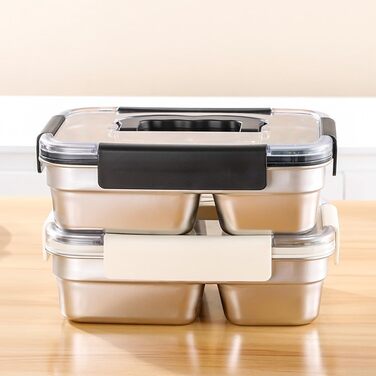 Ланчбокс з нержавіючої сталі, 1800 мл, з ручкою, герметичний, 3 відділення, придатний для використання в мікрохвильовій печі, контейнер для їжі для роботи, школи або пікніків (чорний)