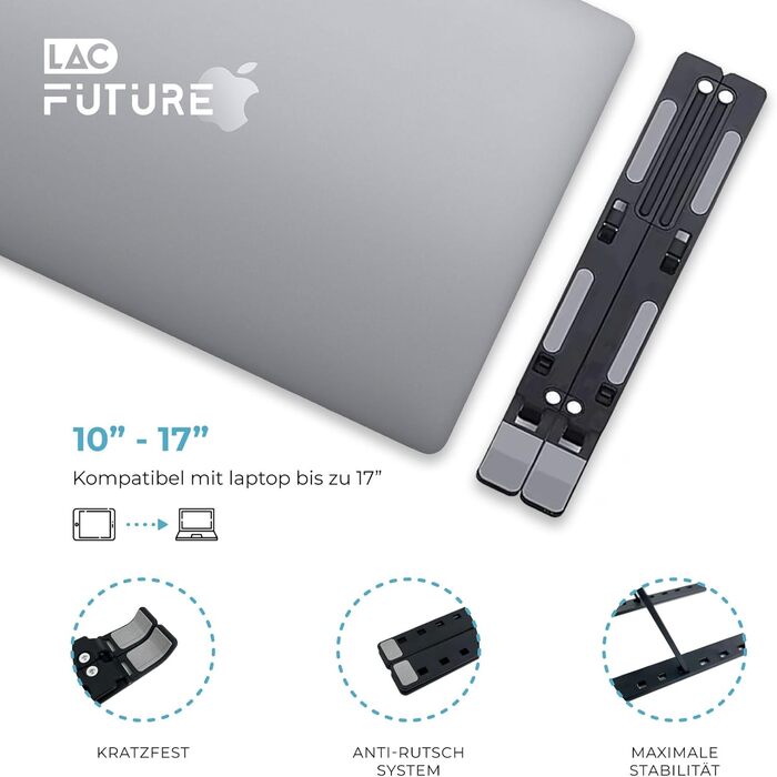 Підставка для ноутбука LAC FUTURE, 10 рівнів регулювання, вентильована з охолодженням, для MacBook Pro/Air, Dell, HP (10-15,6) - чорний пластик, 10 позицій