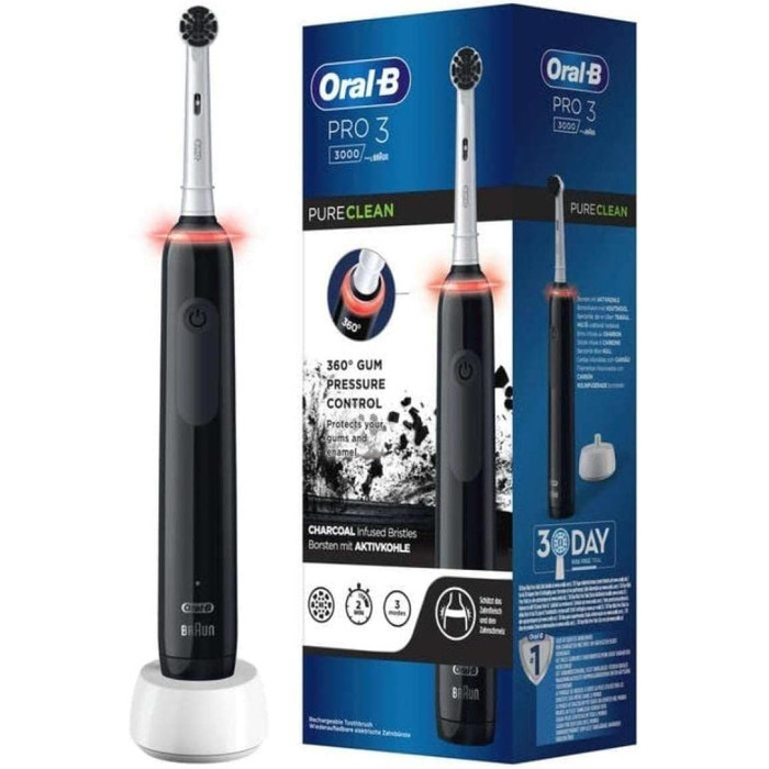 Електрична зубна щітка Oral-B PRO 3 3000 Pure Clean, 3 режими очищення та візуальний контроль тиску на 360 для догляду за зубами, щетина з активованим вугіллям, розроблена Braun, чорна