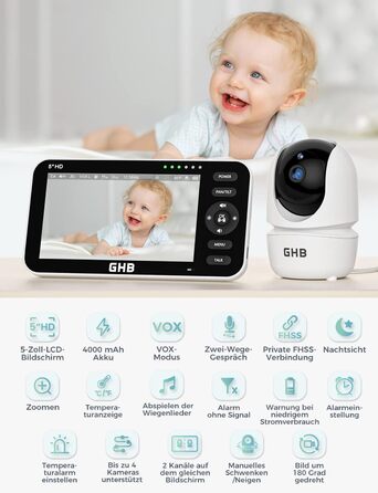 Монітор для дитини з камерою 5-дюймовий РК-дисплей Камера для спостереження за дітьми Режим VOX Двостороння розмова Нічне бачення