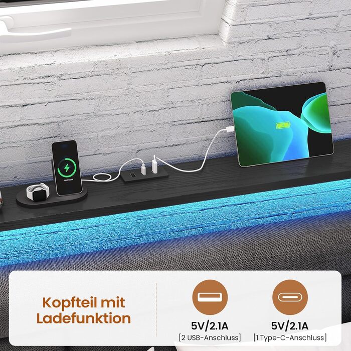 М&39який диван-ліжко 90x200 зі світлодіодним освітленням, зарядною станцією, кушеткою, дитячим ліжком з 2 шухлядами та металевим рейковим каркасом, м&39яким узголів&39ям з відкритим місцем для зберігання, чорний 90 x 200 см