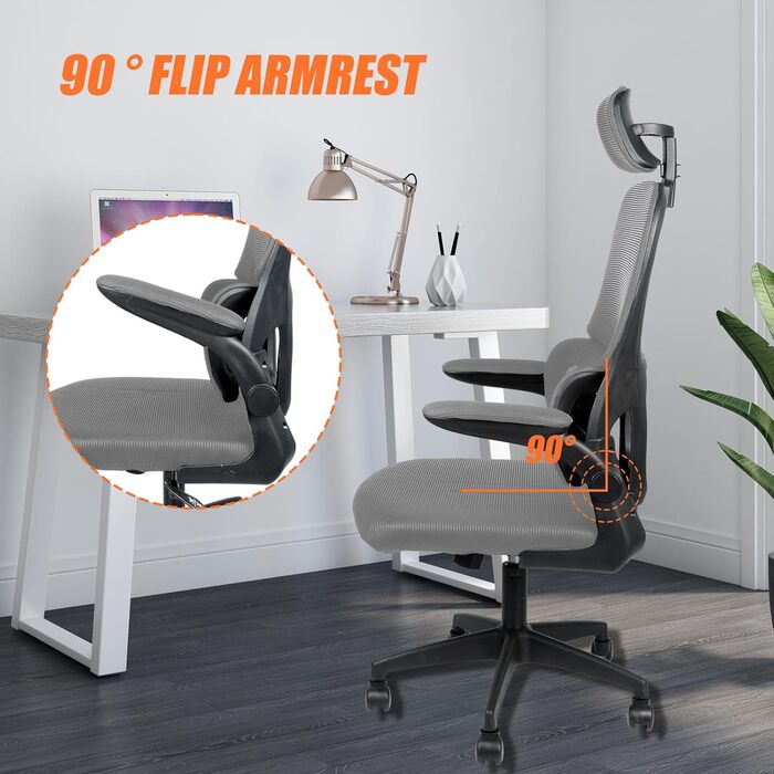 Ергономічне офісне крісло OHMG з дихаючою сітчастою спинкою та сидінням, регульованою по висоті, комп&39ютерне крісло з можливістю нахилу та коліщатками, ігрове крісло, офісне крісло (сіре, 125 x 65,5 x 64 см) Сірий 125 x 65,5 x 64 см
