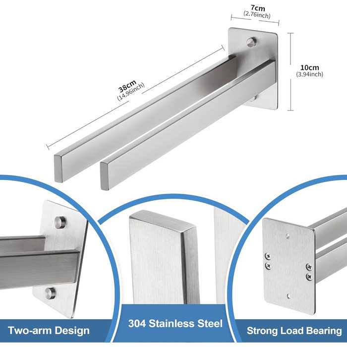 Тримач для рушників Dvocel Рушникотримач свердління квадратного рушника подвійний 304 з нержавіючої сталі срібний рушникотримач з