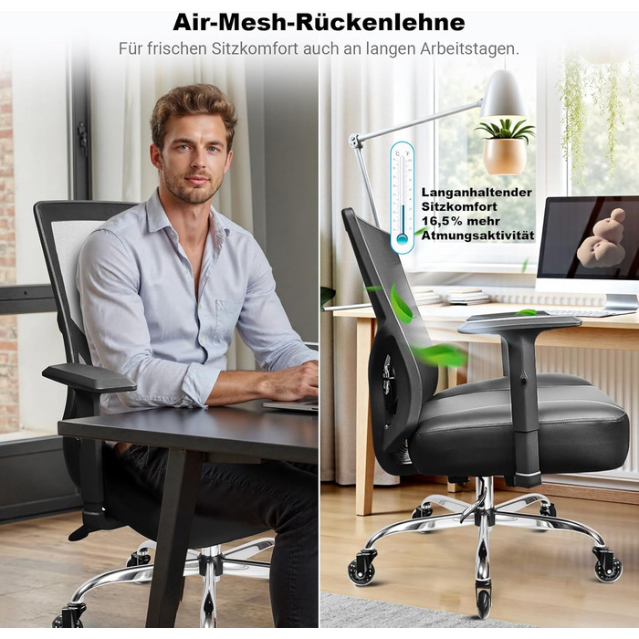 Офісний стілець 200 кг XXL, надзвичайно широке та надзвичайно товсте сидіння з пружинним сердечником, гумові ролики, регульована поперекова опора, безступінчасте блокування нахилу, ігровий та офісний поперекова подушка в комплекті Чорний - подушка сидіння