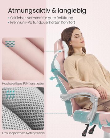 Ігрове крісло SONGMICS, офісне крісло з підставкою для ніг, робоче крісло з підголівником та поперековою подушкою, регульована висота, ергономічне, вантажопідйомність до 150 кг, пастельно-рожевий OBG073P01 пастельно-рожевий кремово-білий