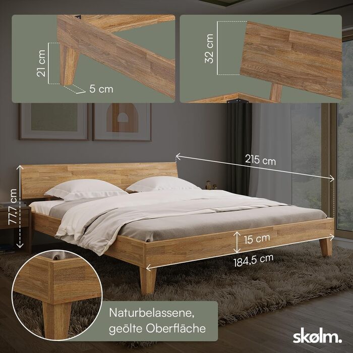 Ліжко Skølm Asgard з масиву дерева 180x200 см - високоякісне дубове ліжко з узголів&39ям - каркас ліжка з натуральним промасленим покриттям - каркас ліжка 180x200 см, підходить як двоспальне ліжко - футон 180x200, промаслений