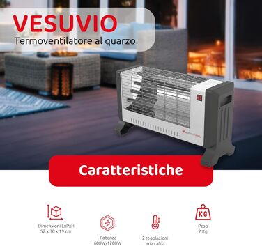 Сімейство Melchioni Кварцовий вентилятор-обігрівач для використання в приміщенні, 2 режими та 2 рівні потужності, електричний кварцовий вентилятор-обігрівач, модель Vesuvio