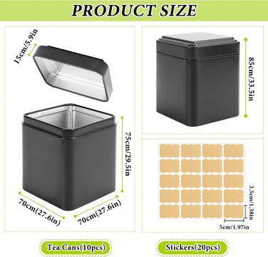 Класичних квадратних чайних банок, 7 x 7 x 8,5 см, металеві чайні баночки для розсипного чаю, включаючи 20 етикеток Чорні банки для зберігання, також ідеально підходять як банки для борошна або спецій (10), 10