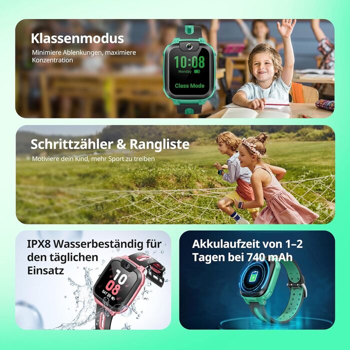 Розумний годинник imoo Z1 для дітей, дитячий смарт-годинник-телефон 4G з тривалими відео- та телефонними дзвінками, GPS-годинник з відстеженням місцезнаходження в режимі реального часу та водонепроникністю IPX8 (зелений)