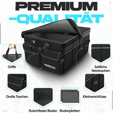 Органайзер для багажника FORTEM, сумка для багажника, складаний автомобільний органайзер з відділеннями, нековзним дном, регульованими ременями фіксації та відкидним кришкою (Чорний) Середній