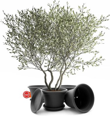 Набір із 4 круглих квіткових горщиків з блюдцями BigDean, ø 40 см, антрацит всепогодні кашпо, зроблені в Європі, антрацит, ø 40 см