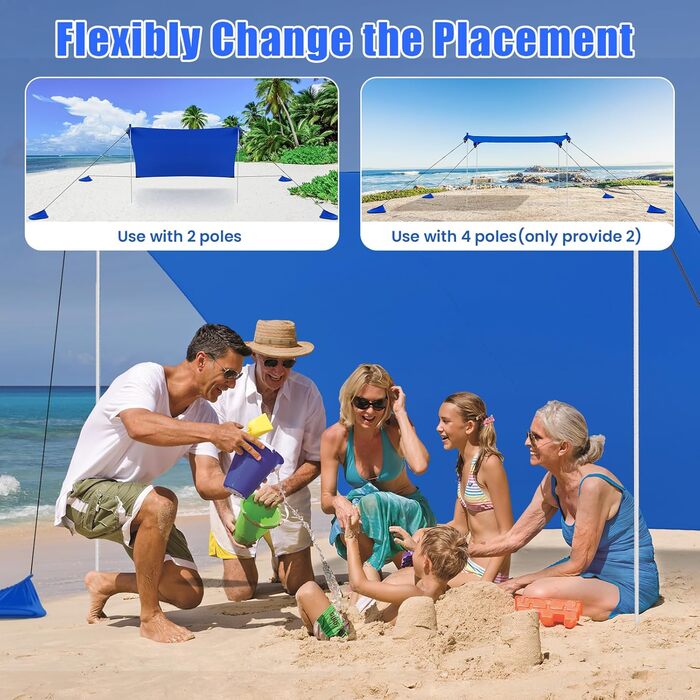Пляжний сонцезахисний намет HOMASIS, сонцезахисний намет UPF 50, пляжний намет з лайкри з кріпленнями для піску та 4 мішками з піском, сонячне вітрило з 2 опорними стійками та сумкою для перенесення, сонцезахисний навіс для пляжу та саду (синій, 230 x 200