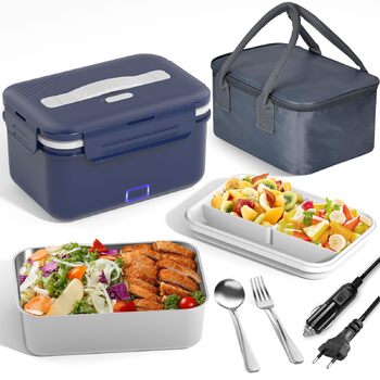 Електричний ланч-бокс потужністю 100 Вт для дорослих, термобокс 3-в-1 12/24/220 В зі столовими приборами та ізольованою сумкою для ланчу, герметичний, великий контейнер об&39ємом 1,8 л, ланч-бокс з відділеннями для автомобіля, вантажівки, офісу, темно-син