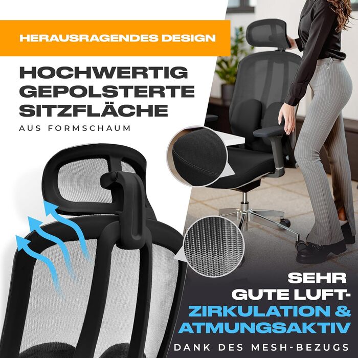 Ергономічне офісне крісло, переможець тесту, стілець для роботи регульована підтримка голови та попереку Ергономічне офісне крісло з підлокітниками Офісне крісло з колесами, зручне для спини, до 150 кг, чорний колір