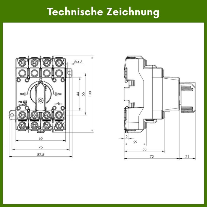 Аварійний вимикач живлення Merz - 63A - 4-полюсний вимикач навантаження - аварійний режим відключення мережі - компактний вимикач живлення (лише 4TE), включаючи вбудований місток (перемикач 63A)