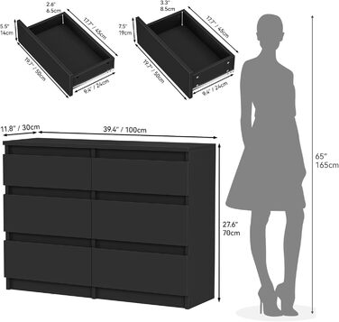 Комод YITAHOME, 6 шухляд, шафа для спальні, сучасні меблі 100x30x70 см, міцний та безпечний, виготовлений з дерева, з напрямними для шухляд, чорний