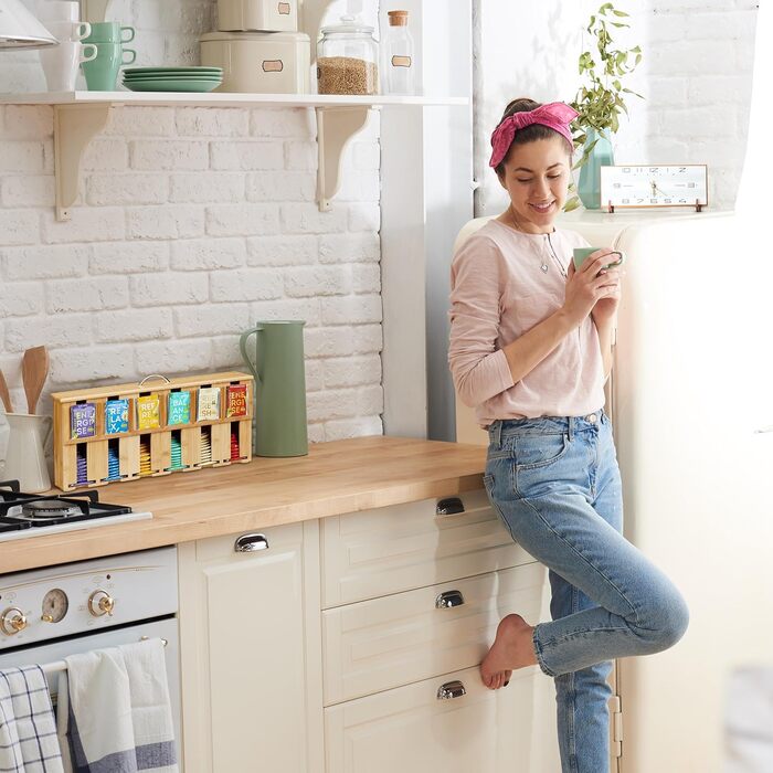 Диспенсер для чайних пакетиків Relaxdays, 6 відділень, місце для зберігання чайних пакетиків, бамбук, чайна коробка, ВxШxГ 22 x 46,5 x 10,5 см, натуральний/сріблястий