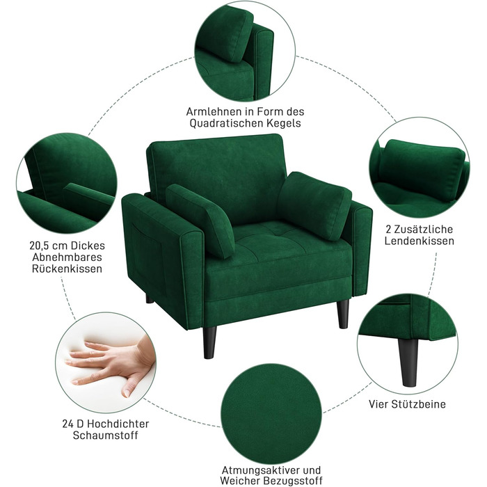 Одномісний диван Yaheetech, двомісний диван, невеликий диван з 2 подушками та підлокітниками, сучасний лляний диван-кутник, комплект диванів для вітальні, зелена оксамитова тканина
