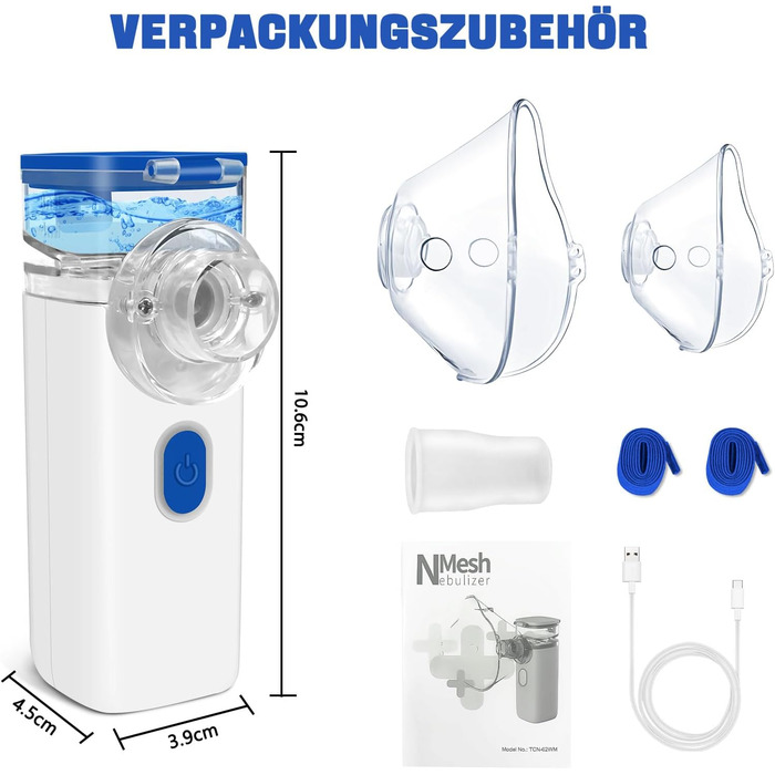 Інгалятор електричний портативний небулайзер Безшумний інгалятор для дорослих і дітей, 2 схеми розпилення Регульована функція автоматичного очищення інгалятор з масками і мундштуком Синій