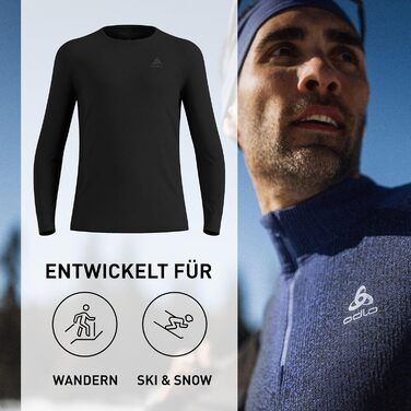 Термобілизна Odlo з мериносової вовни для чоловіків 200 Білизна з мериносової вовни Термосорочка з довгими рукавами Термосорочка з довгими рукавами та круглим вирізом Чоловіча, чорного кольору, XL