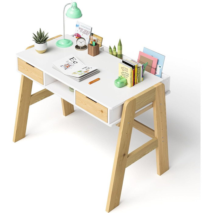 Дитячий письмовий стіл Bellabino Campo регульований по висоті з дерева в білому/натуральному кольорі з 2 шухлядами, 1 полицею і 3