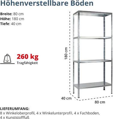 Система стелажів SCHULTE з 4 полицями PowerMAX, вантажопідйомність 65 кг, 180x80x40 см (ВxШxГ), оцинкована (полиця для зберігання, полиця для майстерні, полиця для підвалу, полиця для гаража, металева полиця)