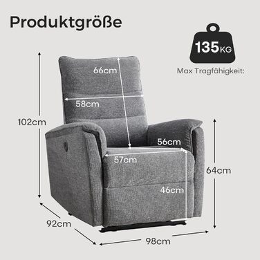 Електричне крісло-реклайнер для телевізора EBELLO з функцією відкидання, крісло для телевізора у вітальні, витримує до 150 кг, одне крісло-реклайнер для вітальні, темно-сірий 1 темно-сірий