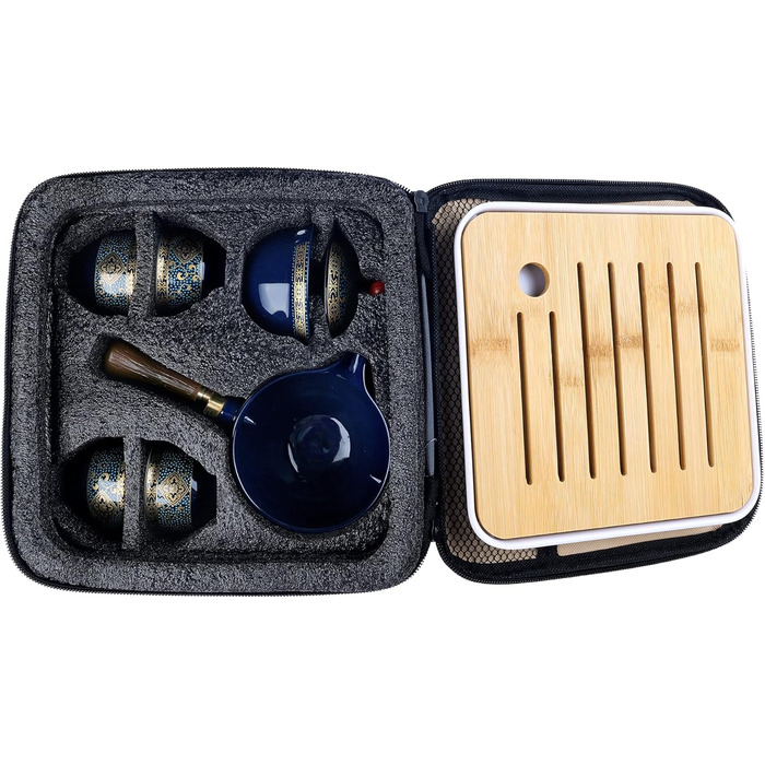 Чайний сервіз Fanquare з порцеляни для подорожей, золотий квітковий візерунок, 4 чашки, чайник та бамбуковий піднос, у дорожній сумці, темно-зелений колір