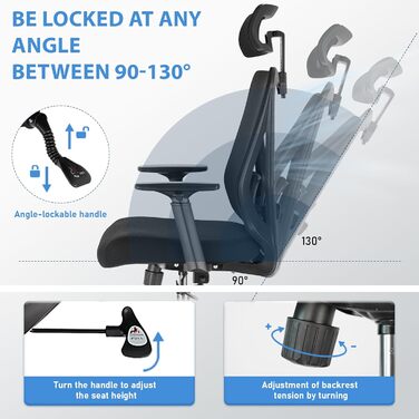 Ергономічне офісне крісло, стілець для роботи з підголівником, поперековою опорою, підлокітниками, регулюванням висоти, обертове крісло з функцією нахилу 90-130 (з фіксацією), вантажопідйомність до 150 кг.