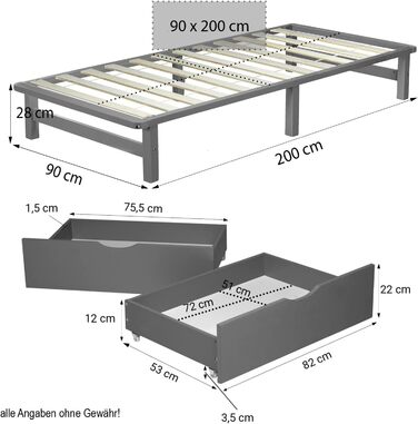 Ліжко з масиву дерев&39яних піддонів Homestyle4u 90x200 см з шухлядами, каркас ліжка з рейковою основою, сіра сосна, масив деревини 90 x 200 см, без матраца, сірий
