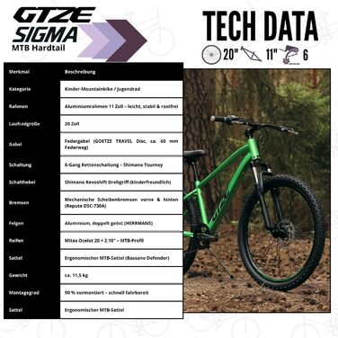 Серія Goetze Sigma MTB Hardtail Колеса 20, 24, 26 дюймів Перемикач швидкостей на 6/7 швидкостей з поворотною ручкою перемикання передач Алюмінієва рама з амортизаційною вилкою та дисковими гальмами Для дітей та підлітків 90 попередньо зібраний 11 дюймів, 