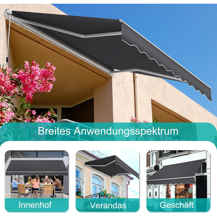 Тент на балкон з кріпленням на скобах, сонцезахисний козирок, складний тент з ручним приводом, сонцезахист, водонепроникний, пилонепроникний, регульована висота (темно-сірий, 3 * 2,5 м) 3 * 2,5 м темно-сірий