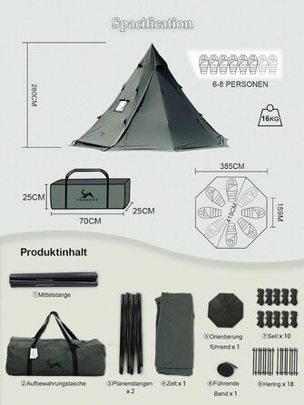 Намет TOMOUNT, бавовняний індіанський намет, високий коник 2,8 м, для 6-8 осіб, пірамідальний намет з отвором для плити, 4-сезонний кемпінговий намет для активного відпочинку, кемпінгу, пішого туризму, трекінгу, зелений