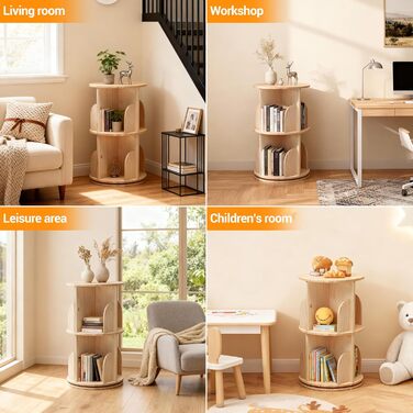 Рівнева обертова книжкова полиця з масиву дерева - Полиця на 360 - Підлогова книжкова полиця - Багатофункціональна книжкова полиця - Полиця для зберігання для дітей та дорослих, Ø39 см, В67 см, 2-