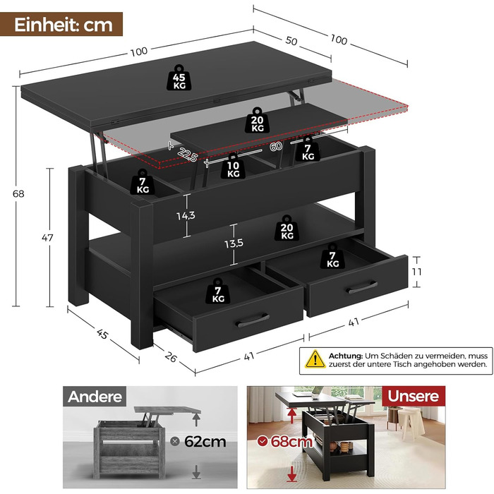 Журнальний столик Rolanstar з регульованою висотою та 2 шухлядами, дерев&39яний стіл для вітальні 100 x 50 см, компактний та простий у складанні для спальні, чорний