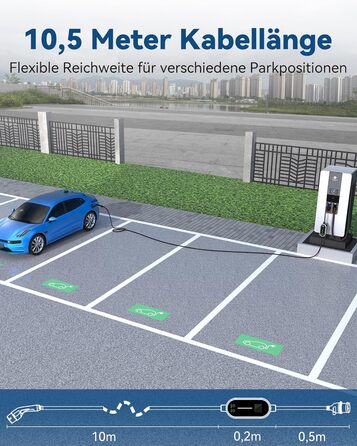 КВт, тип 2, штекер CEE 32 A, 10,5 м), зарядний пристрій для електромобілів із регульованою функцією заряджання за розкладом від 8 A до 32 A, зарядний кабель типу 2 CEE, сумісний з електромобілями та гібридами, 7,4