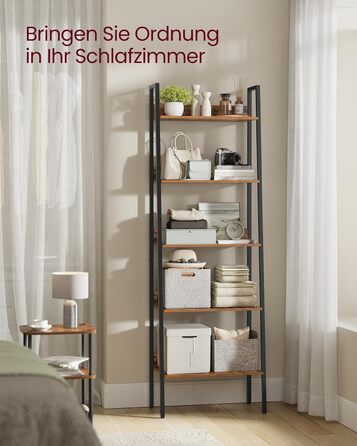 Книжкова полиця VASAGLE, полиця-драбина, 5 ярусів, вузька полиця, відкрита окремостояча полиця для кабінету, вітальні, спальні, кухні, промисловий дизайн, вінтажний коричнево-чорний LLS067B01 Вінтажний коричневий чорний 5 полиць (60Ш x 170В см)